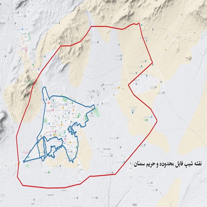 دانلود نقشه شیپ فایل محدوده و حریم شهر سمنان